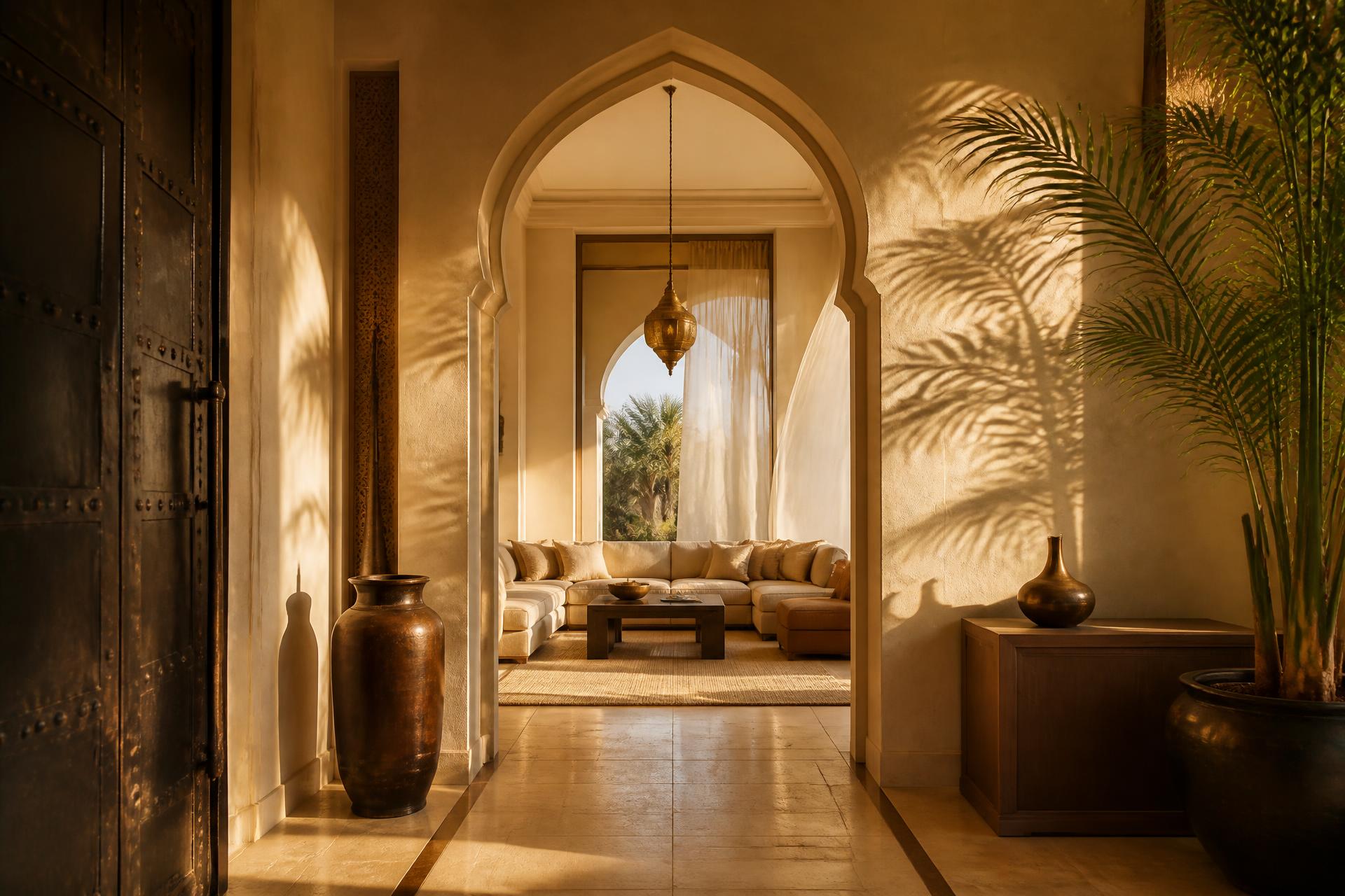 View through an arched Moorish doorway into a warm, sunlit majlis
