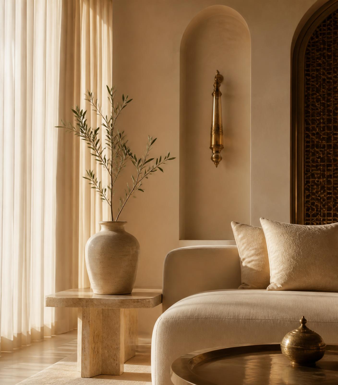Warm interior with olive branch and brass sconce