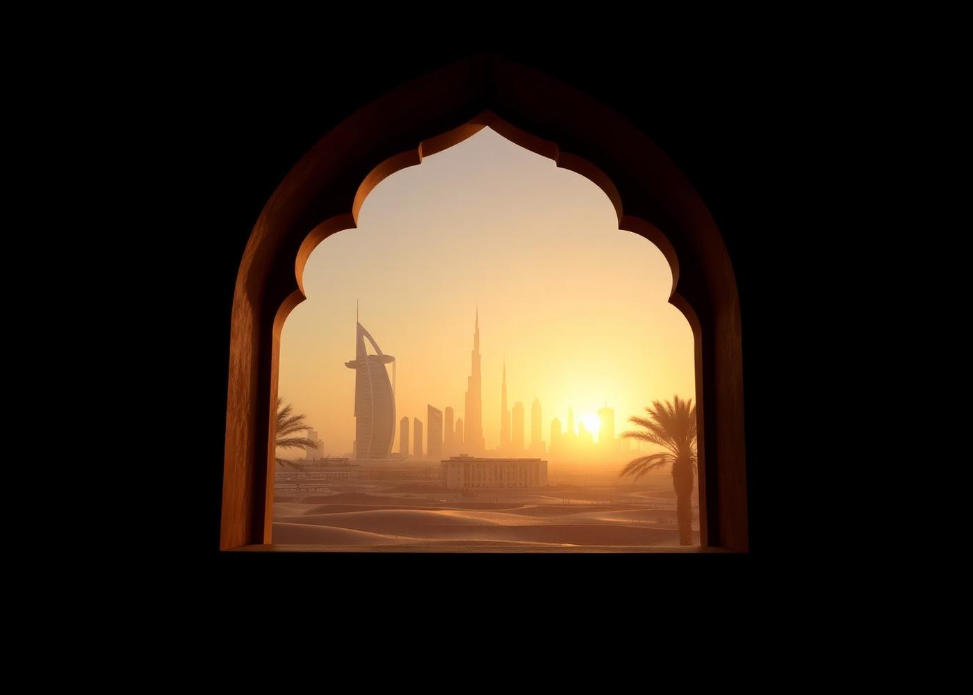 Arched window looking out to a Gulf skyline at golden hour